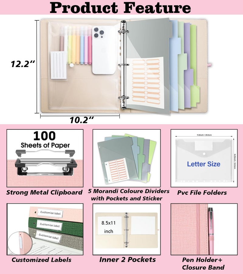 BVSSX 3 Ring Binder  1 Inch Linen Binders Organizer for Letter Size (8.5"" x 11"") Paper with 5-Tabs Pockets Dividers  BVSSX Leather Three Ring Binders with Clipboard  Plastic Folder  Pen Loop - Pink Tulips - Image 2